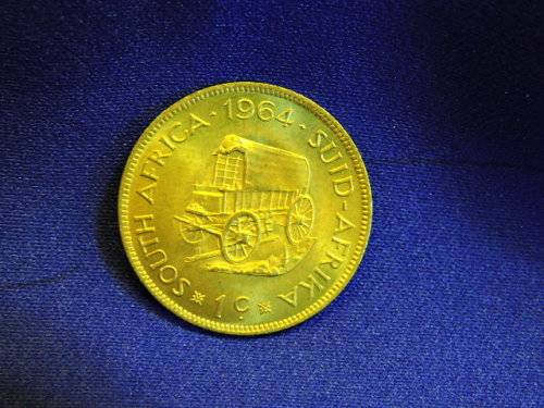 1964 South African 1 cent ox wagon osewa van riebeck eendrag maak mag coin unc condition